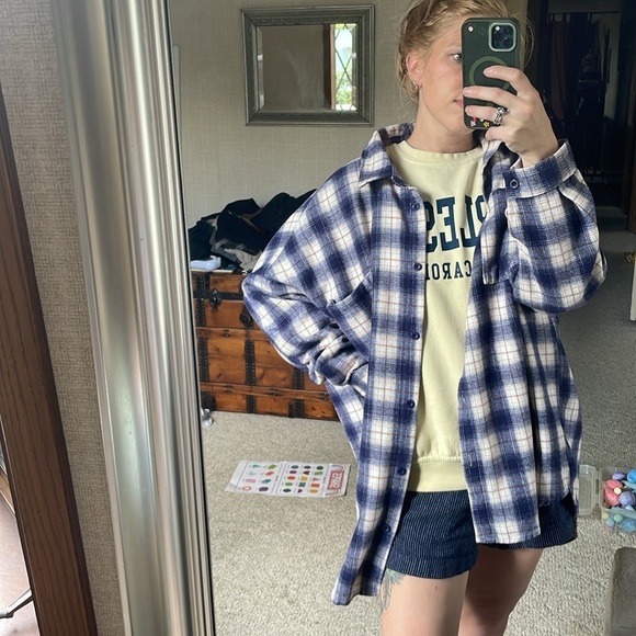BooHoo Blue and White Oversized Flannel Shacket Shirt - Picture 1 of 15